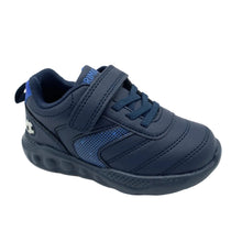 Load image into Gallery viewer, A navy blue toddler sneaker with a hook-and-loop strap closure, matching laces, and a textured dark sole, shown on a light gray background.
