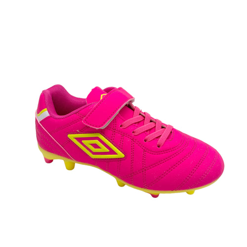 Pink soccer shoe with yellow accents on a white background