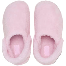 Load image into Gallery viewer, A pair of plush, fuzzy slip-on slippers in light pink, shown from a top-down view against a solid black background.
