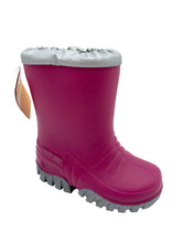 Load image into Gallery viewer, A single children's rain boot in bright magenta pink with a gray pull tab and gray sole, shown on a white studio background.
