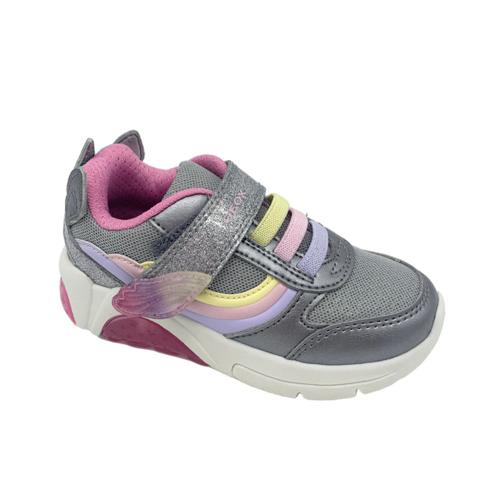 Gray children's shoe with pink and yellow accents on a white background