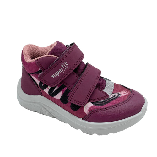 Purple children's shoe with 'superfit' branding on a white background