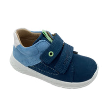 Load image into Gallery viewer, Navy and light blue children's shoe with a velcro strap on a white background
