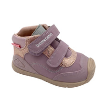 Load image into Gallery viewer, A toddler's biomechanics brand shoe in dusty purple with metallic rose gold glitter panels and a beige sole, shown on a white studio background.
