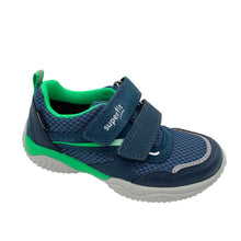 Load image into Gallery viewer, Navy and green children's shoe with 'Superfit' branding on a white background
