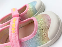 Load image into Gallery viewer, Children's shoes with rainbow glitter sole and pink strap, branded 'Pablosky'.
