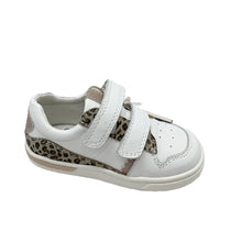 Load image into Gallery viewer, White children's sneaker with leopard print accents on a light gray background
