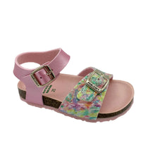 Load image into Gallery viewer, Pink sandal with a floral strap on a white background
