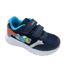 Load image into Gallery viewer, Navy blue children's shoe with a colorful design on a white background
