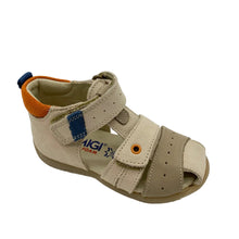 Load image into Gallery viewer, Beige sandal with blue buckle on a white background

