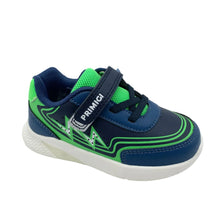 Load image into Gallery viewer, A navy blue and green children's sneaker with a white sole, featuring a hook-and-loop strap with the brand name 'PRIMIGLI' on a clean white background.
