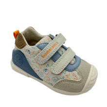 Load image into Gallery viewer, Children's shoe with blue and beige design on a white background
