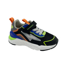 Load image into Gallery viewer, A kids' athletic sneaker in black mesh with vibrant accents of blue, lime green, orange, and gray, featuring a hook-and-loop strap closure. The shoe is photographed on a seamless light gray studio background.

