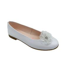 Load image into Gallery viewer, White flat shoe with a decorative flower on a light gray background
