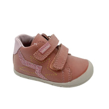 Load image into Gallery viewer, A toddler's pinkish-brown high-top sneaker with two hook-and-loop straps, a glittery pink star detail, and a light beige sole, shown on a white background.
