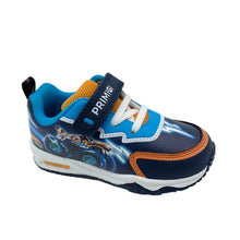 Load image into Gallery viewer, A children's athletic sneaker in navy blue, light blue, and orange, featuring a hook-and-loop strap with the brand name 'PRYMI6' and a graphic of a blue dragon on the side, set against a plain white background.
