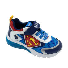 Load image into Gallery viewer, Blue children's shoe with Superman logo on a white background
