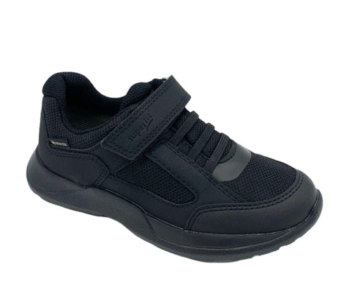 A black Superfit Rush Gore-Tex trainer featuring a velcro strap and elastic laces on a white background.