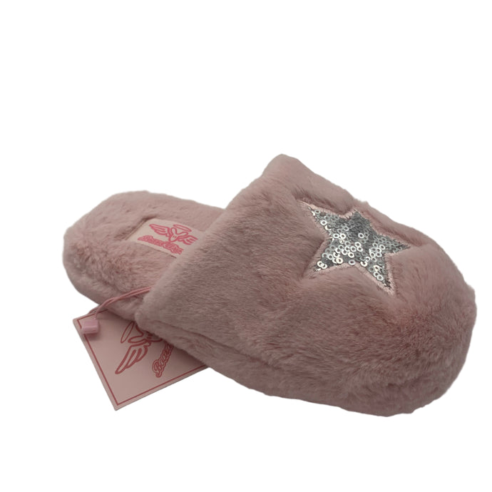 A pink faux fur slipper with a silver star sequin detail on the top and rubber grips on the sole.