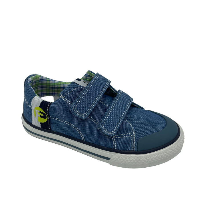 Blue children's shoe with velcro straps on a white background