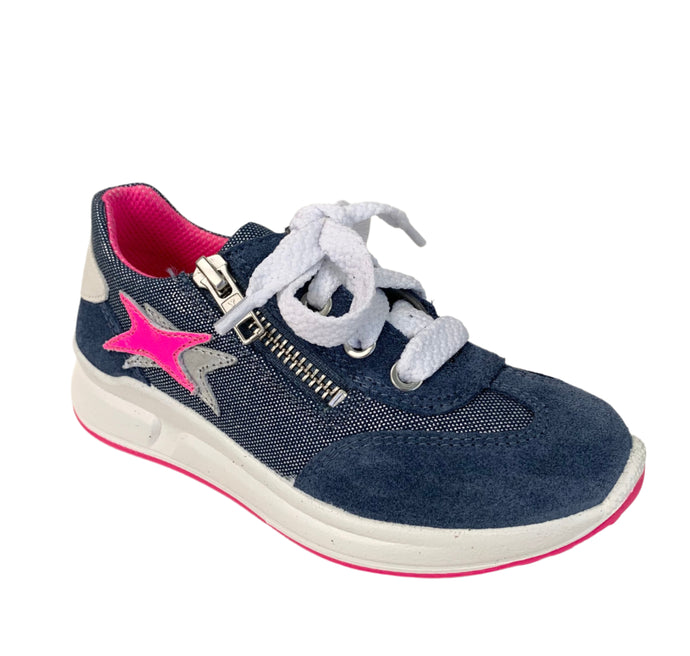 A blue and pink sneaker with a side zipper and lace-up closure, featuring a brand logo on the upper.