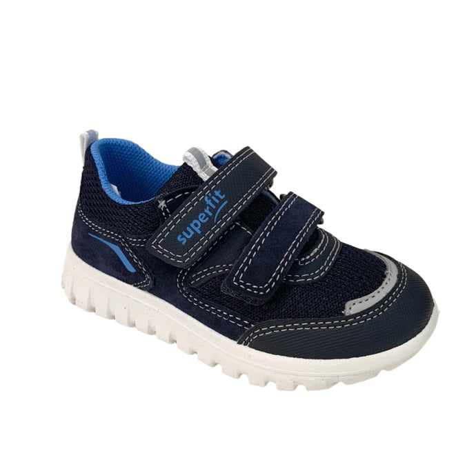 A navy and royal blue Superfit Sport7 Mini Trainer with double velcro straps and a non-slip sole.