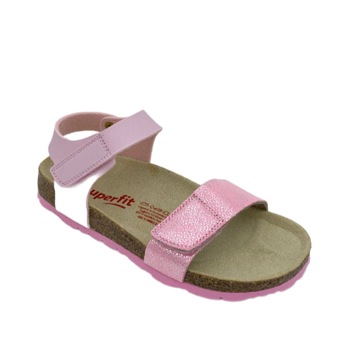 A pink Superfit sandal with soft imitation leather upper and padded leather sole, featuring two velcro fastenings.