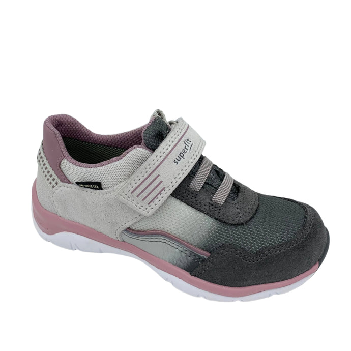A pink and grey Superfit Sport5 Gore-Tex trainer with a leather/textile mix upper and a visible gore-tex membrane, designed for toddlers.