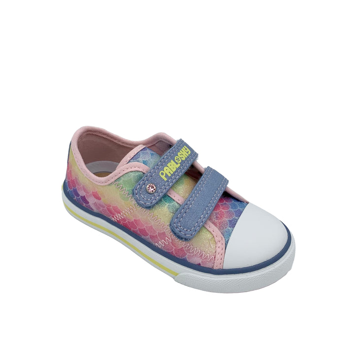 A colorful Pablosky canvas shoe with a double strap and a removable pink leather insole, featuring a glitter mermaid pattern.