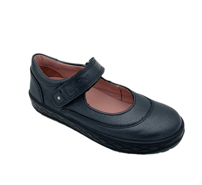 Black shoe with a strap on a white background