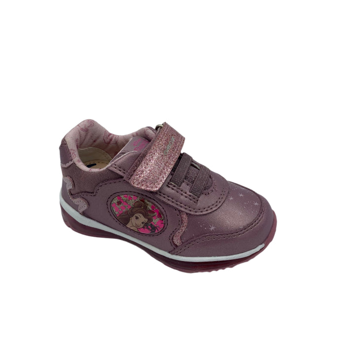 A pink Geox Todo Lights Disney Princess Trainer with a sole light feature and a breathable footbed.