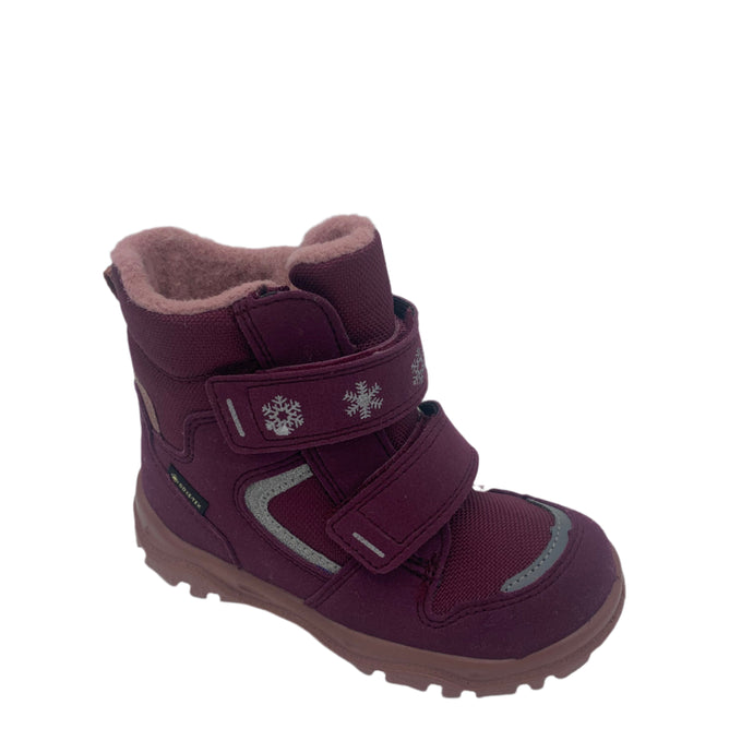 A wine and pink colored boot with a fleece lining and double velcro straps, designed for all-weather use.