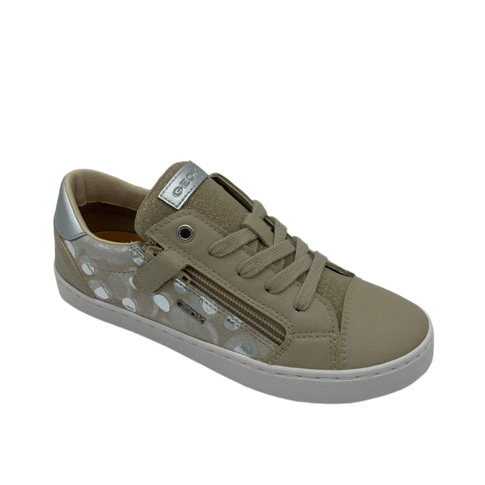 A pair of beige Geox sneakers with silver accents and a side zipper, featuring a leather insole and mixed fabric upper.