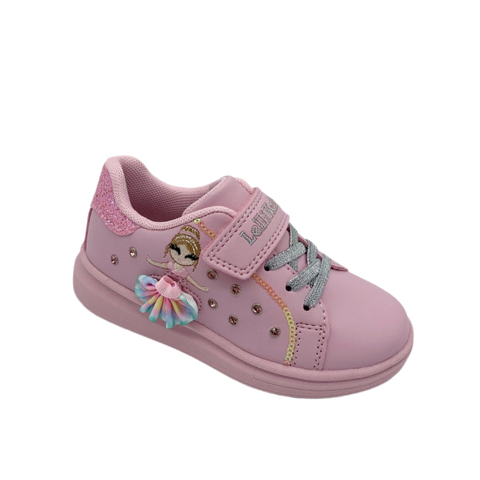 A pink Lelli Kelly Mille Stelle Ballerina shoe with interchangeable ballerina tutu's, elastic laces, and a velcro strap.