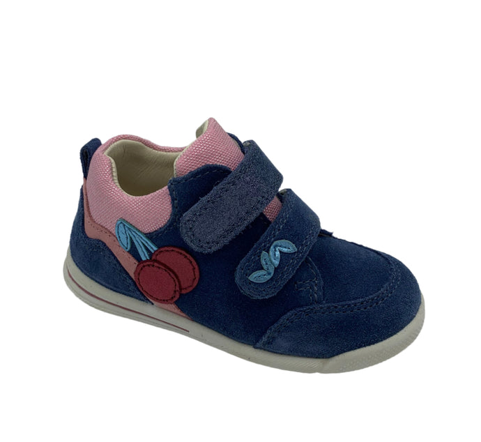 A blue and pink girls' sneaker with leather upper and insole, and a lightweight flexible sole. It features a pair of Velcro straps and decorative cherry details.